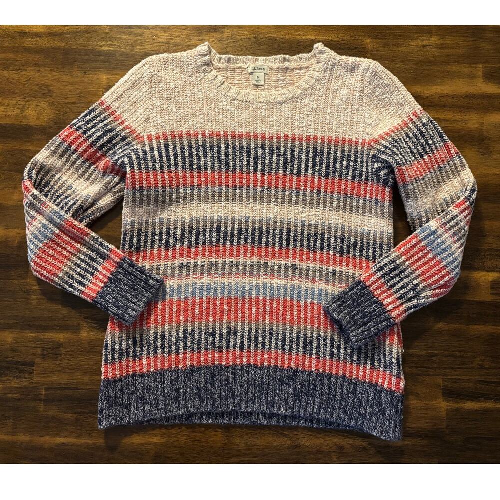 LL Bean Women's Medium Sweater Ragg 100% Cotton Knit Pullover Crewneck Marled